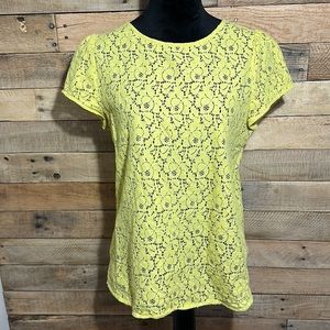 Ann Taylor Loft Women’s Cheerful Yellow Sheer Embroidered Short Sleeve Top